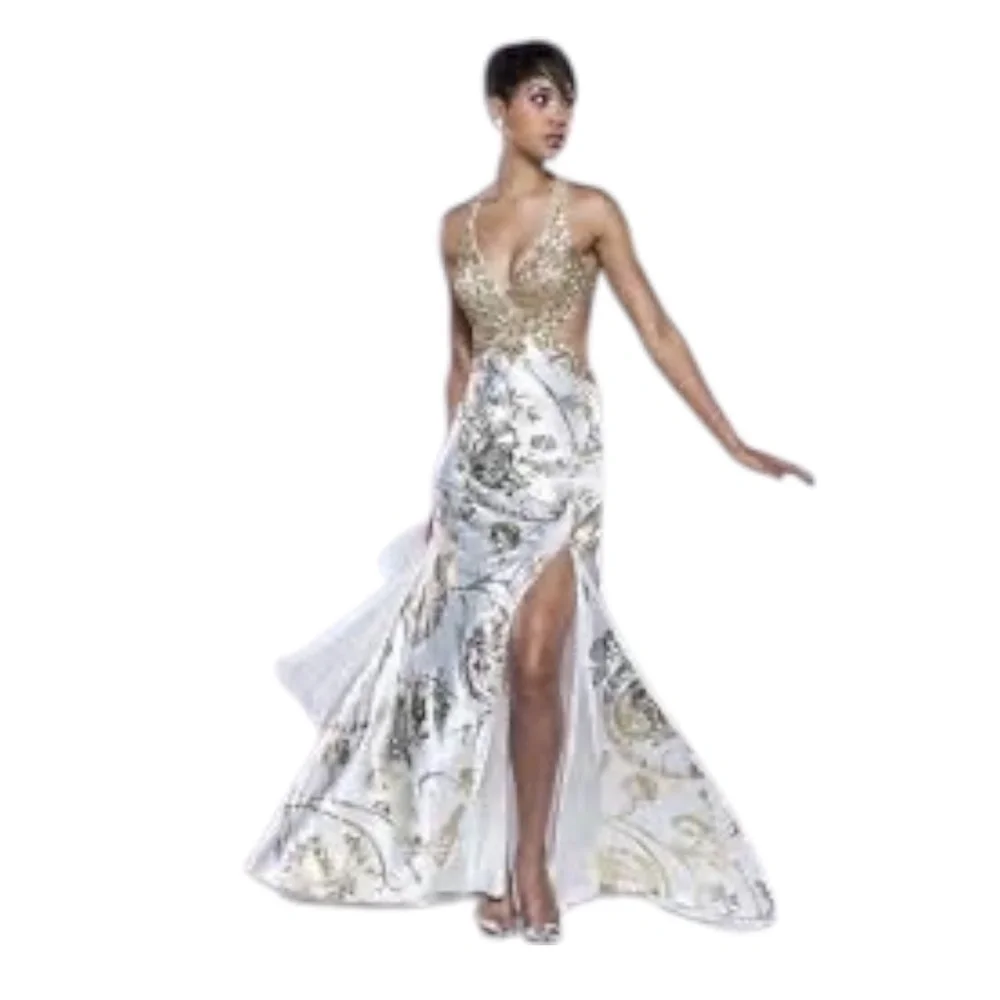 Mac Duggal Couture prom/pageant gown W/a Gold Foil Floral Print & Beaded Bodice